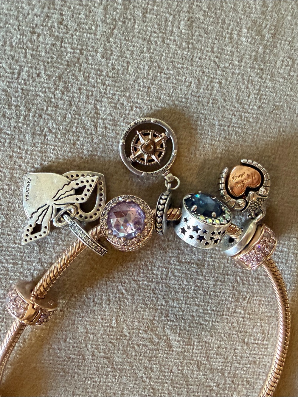 Pandora Rose Mickey Gold Bracelet with Pandora 5 charms pictured and 2 sides